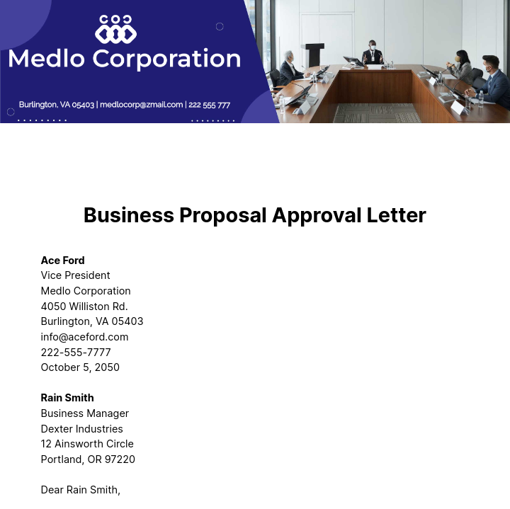 Business Proposal Approval Letter  Template