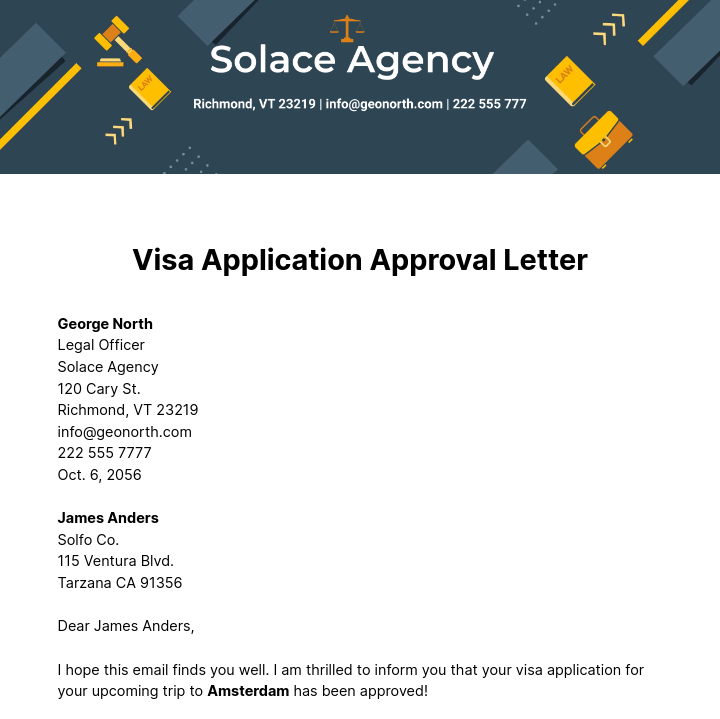 Visa Application Approval Letter  Template