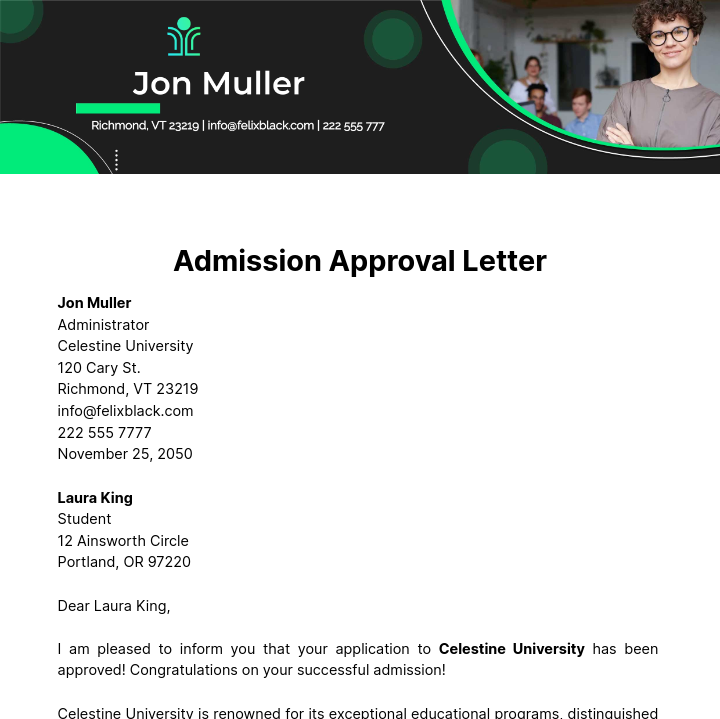 Admission Approval Letter  Template