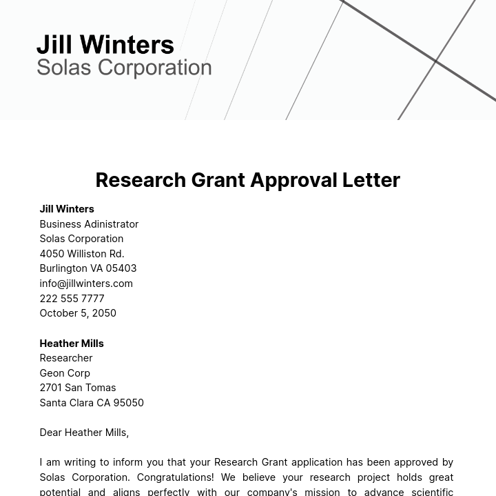 Research Grant Approval Letter  Template