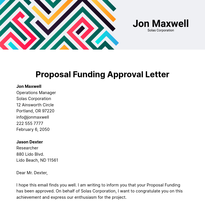 Proposal Funding Approval Letter  Template