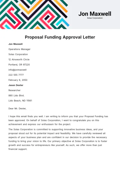Free Proposal Funding Approval Letter  Template to Edit Online