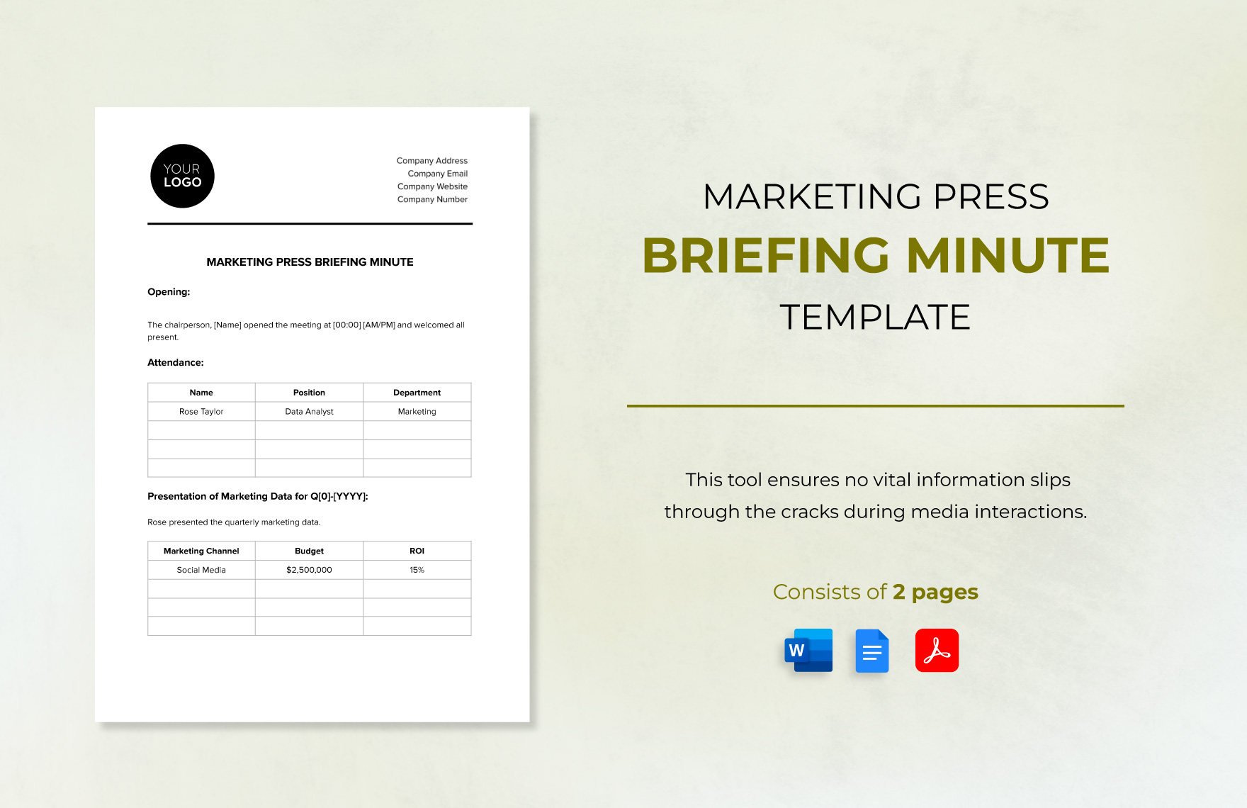 Marketing Press Briefing Minute Template in Word, Google Docs, PDF