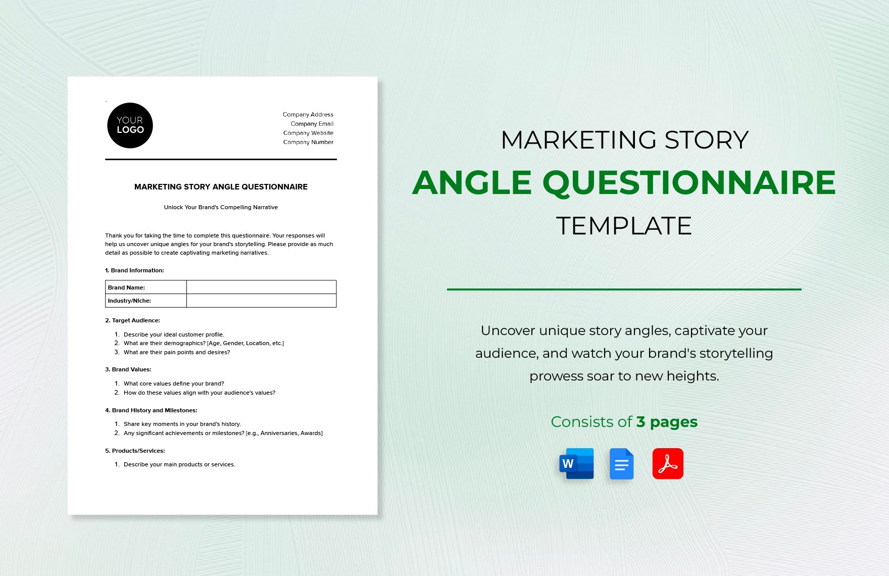 Marketing Story Angle Questionnaire Template in Word, Google Docs, PDF