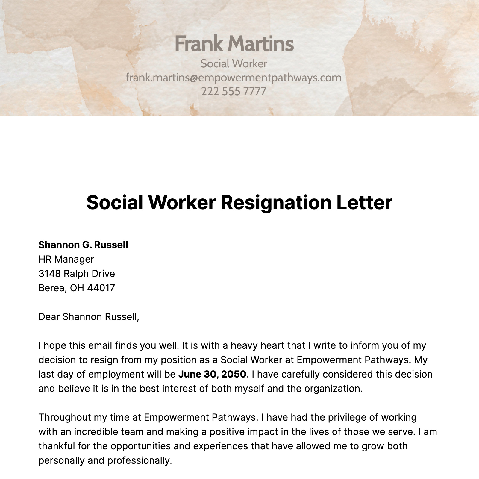 Social Worker Resignation Letter  Template