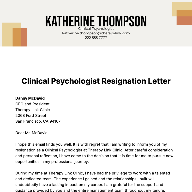 Free Clinical Psychologist Resignation Letter  Template