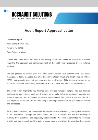 Free Audit Report Approval Letter  Template to Edit Online