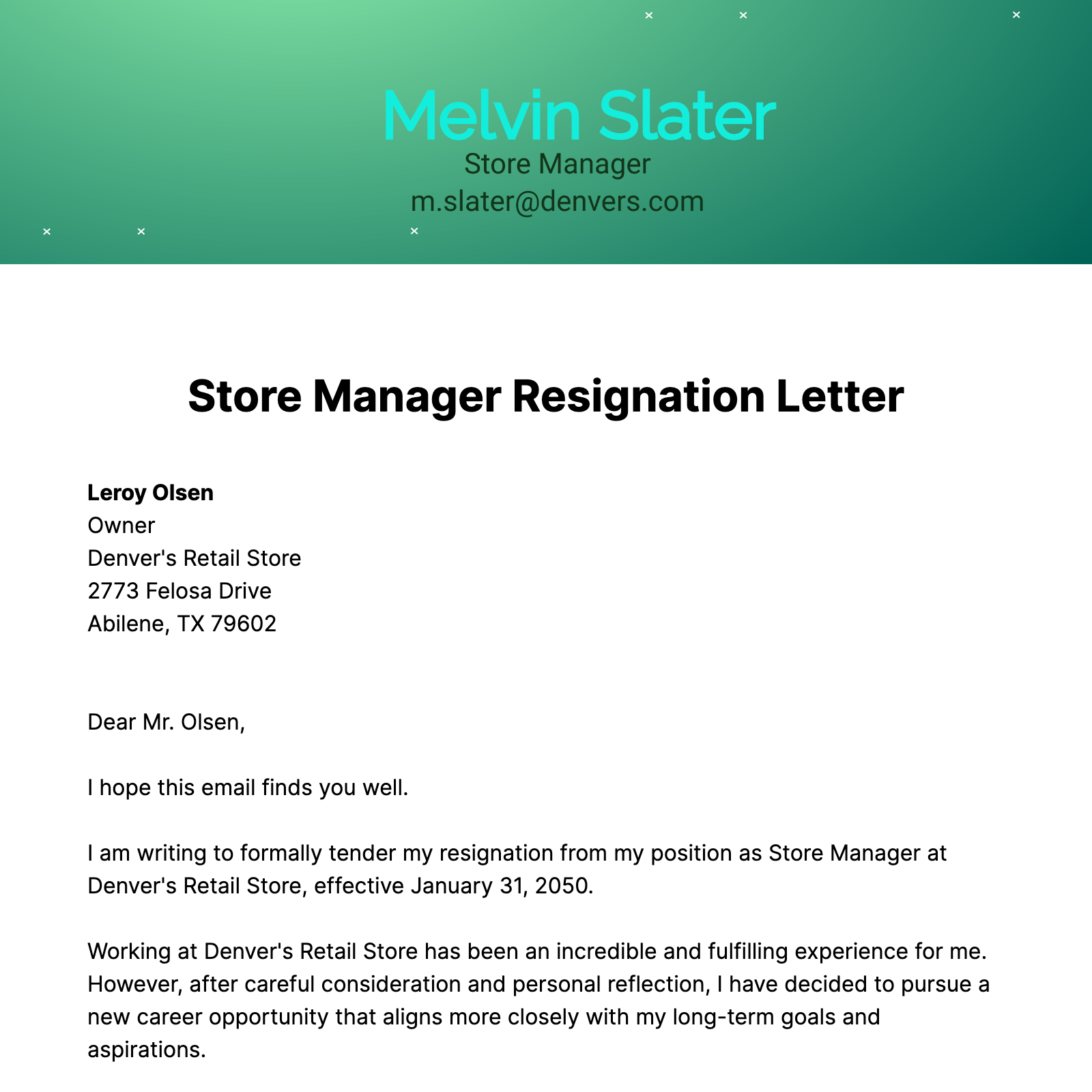 Free Store Manager Resignation Letter  Template