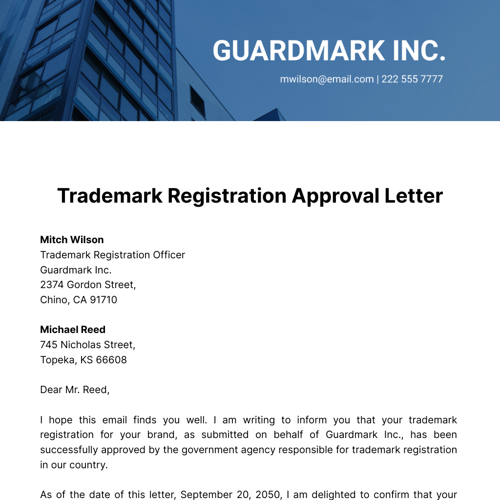 Trademark Registration Approval Letter  Template
