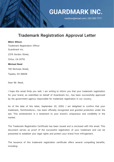 Free Trademark Registration Approval Letter  Template to Edit Online