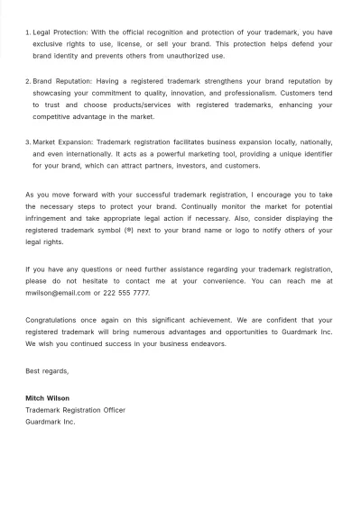 Free Trademark Registration Approval Letter  Template to Edit Online