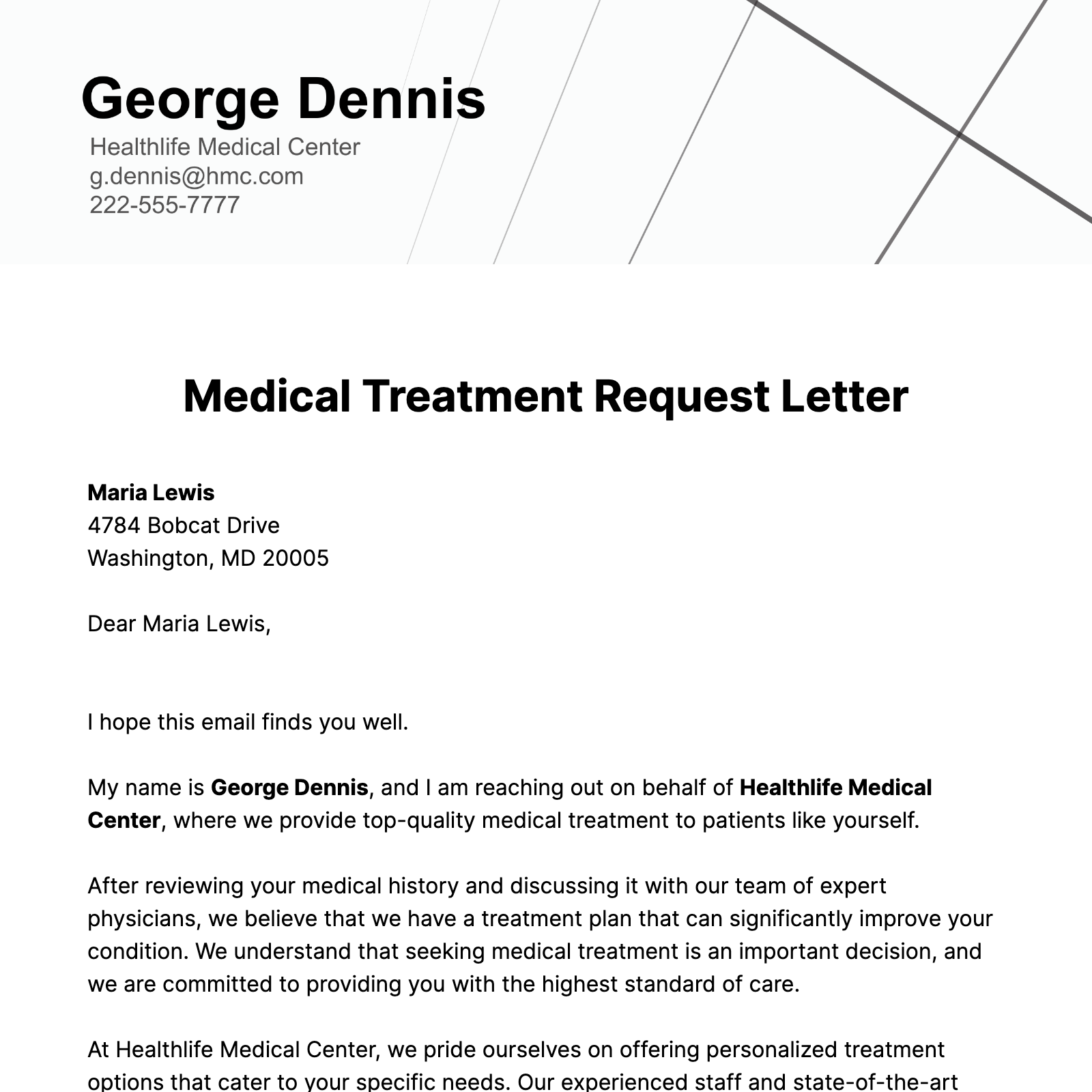 Medical Treatment Request Letter  Template