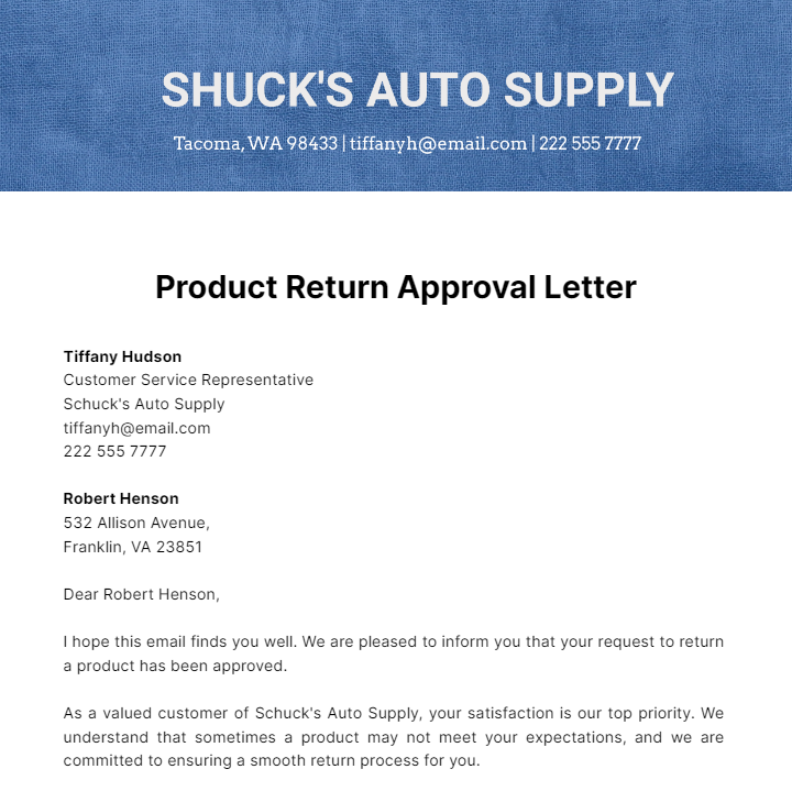 Product Return Approval Letter  Template