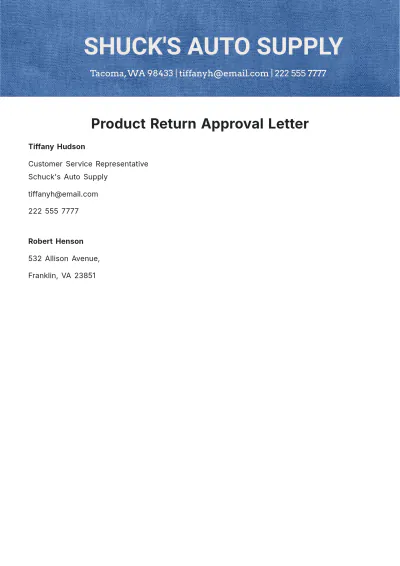 Free Product Return Approval Letter  Template to Edit Online