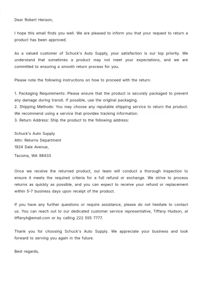 Free Product Return Approval Letter  Template to Edit Online