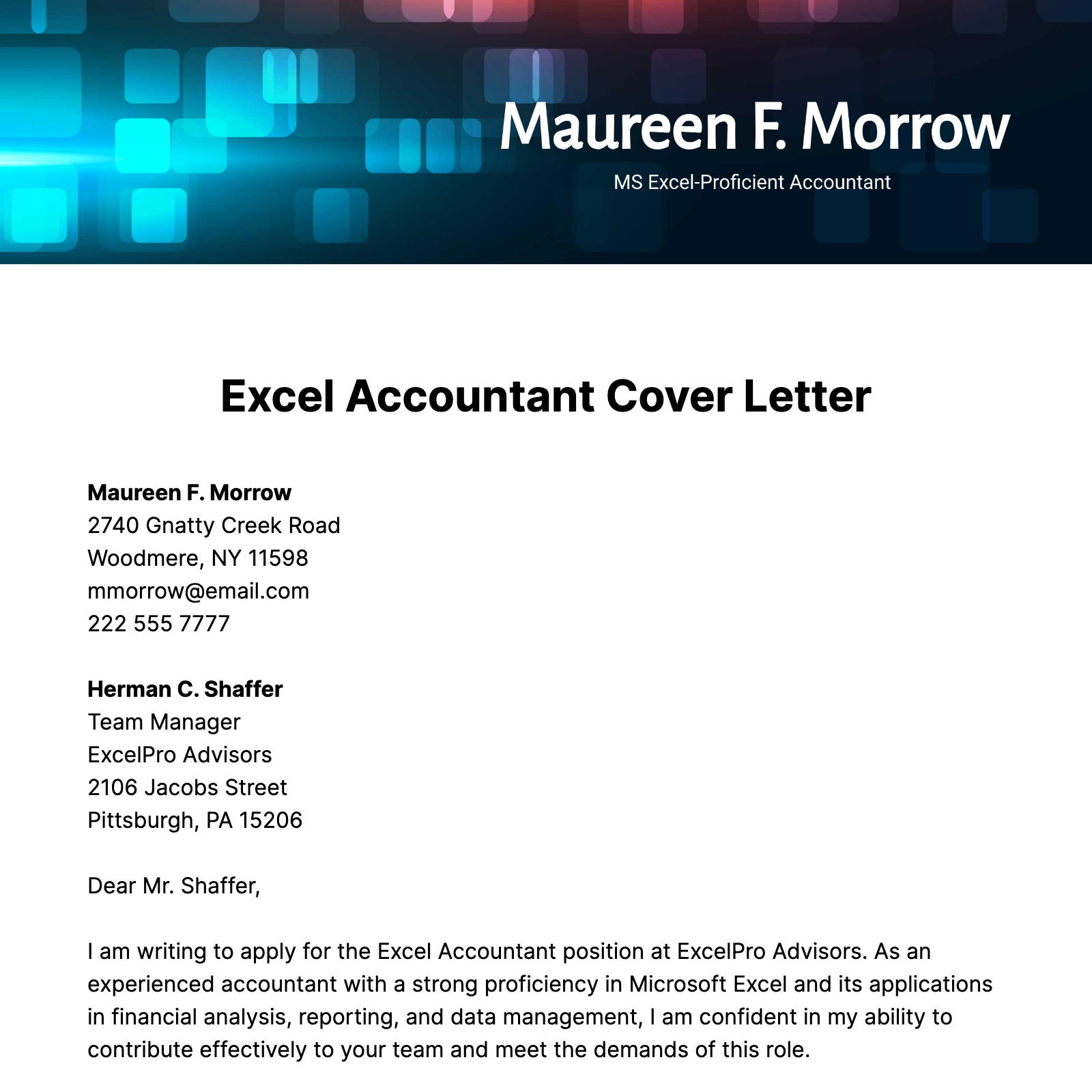 Excel Accountant Cover Letter Template