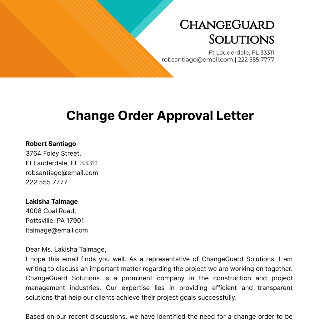Change Order Approval Letter  Template