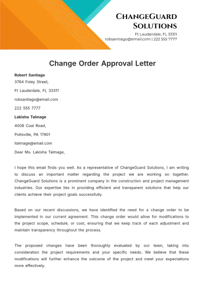Free Change Order Approval Letter  Template to Edit Online