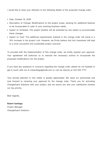 Free Change Order Approval Letter  Template to Edit Online