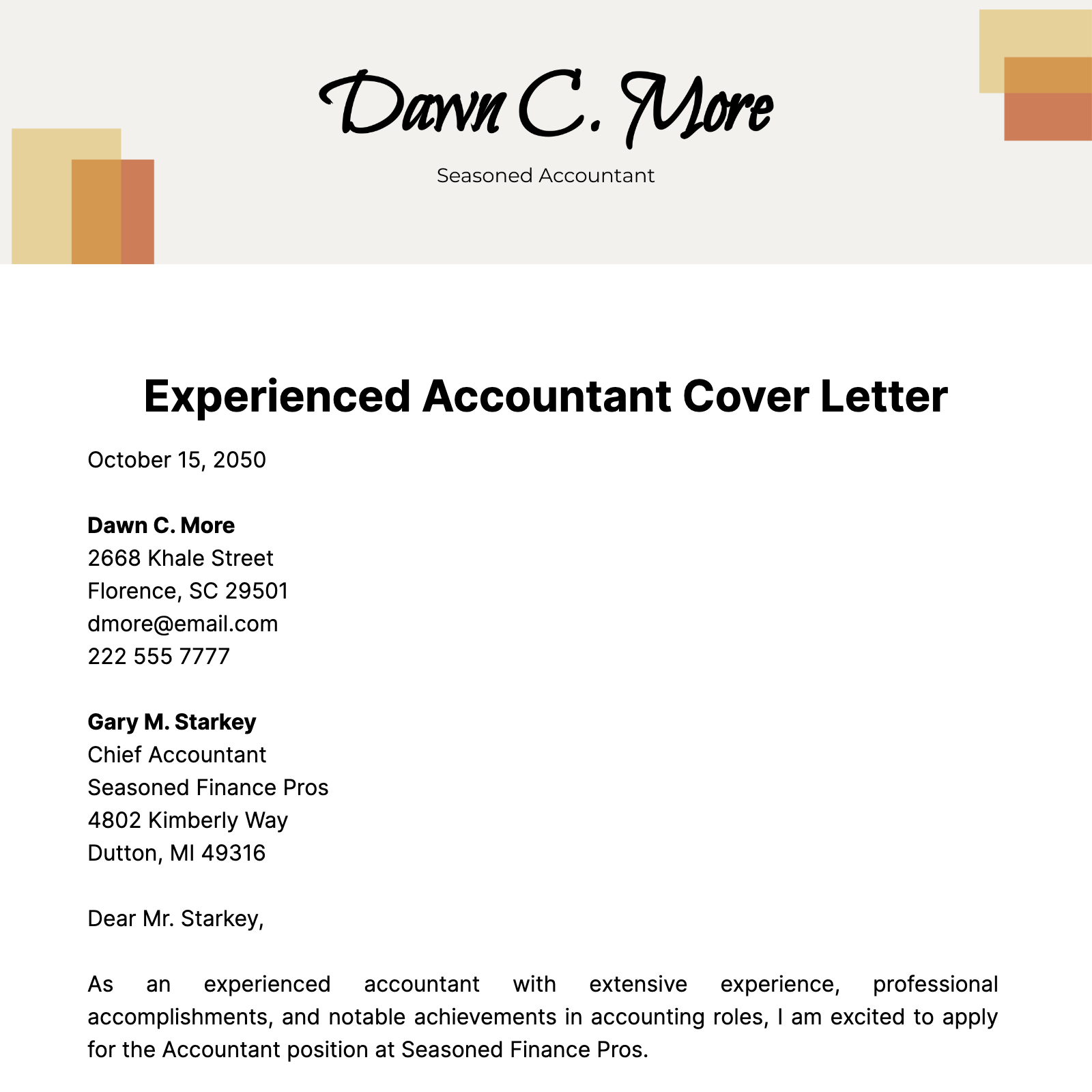 Experienced Accountant Cover Letter Template