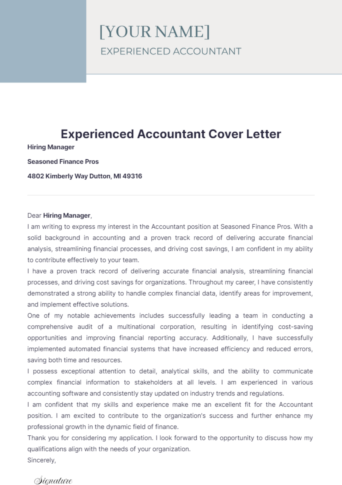 Experienced Accountant Cover Letter