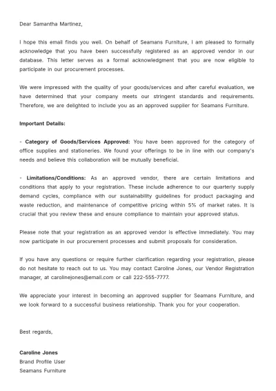 Free Vendor Registration Approval Letter  Template to Edit Online
