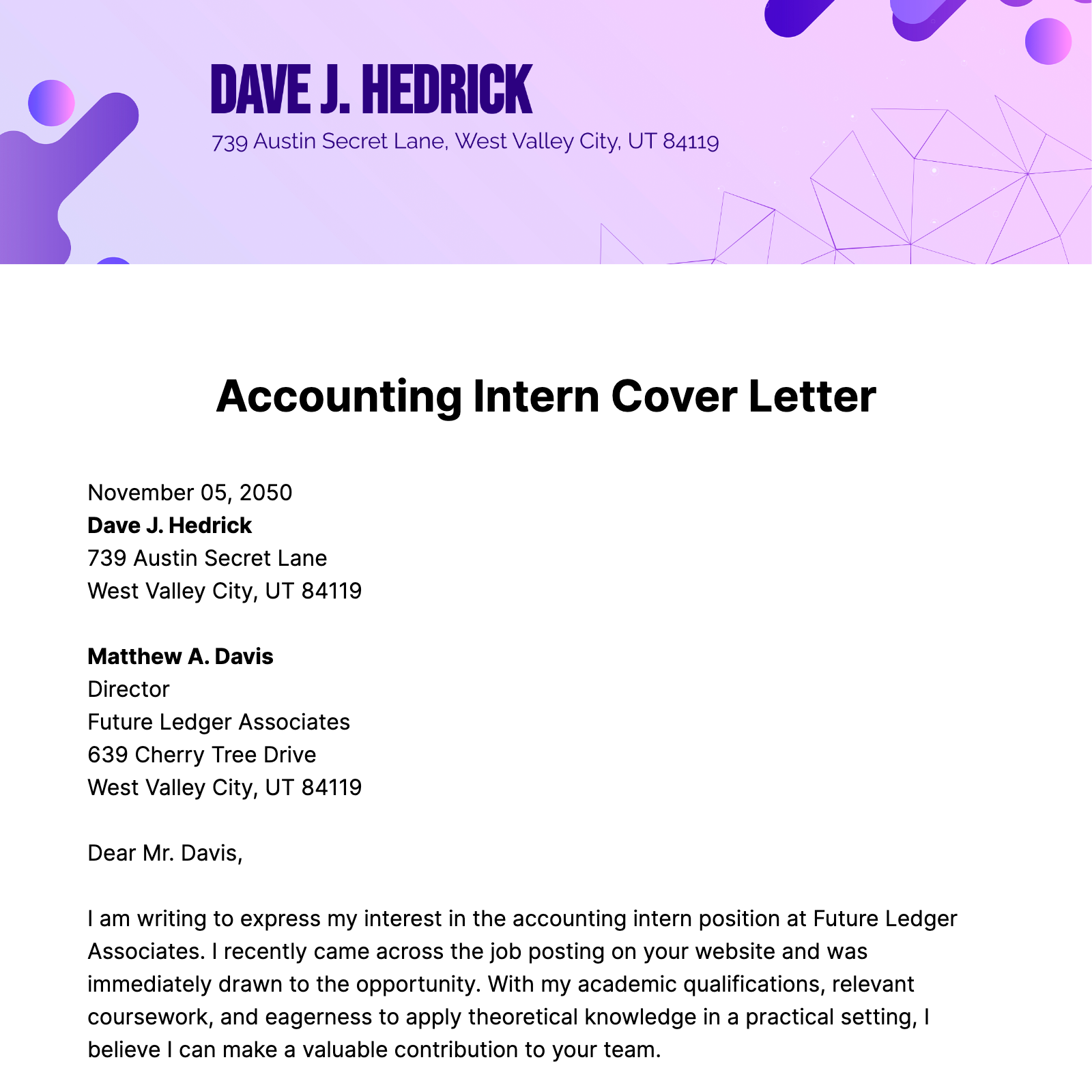 Accounting Intern Cover Letter Template