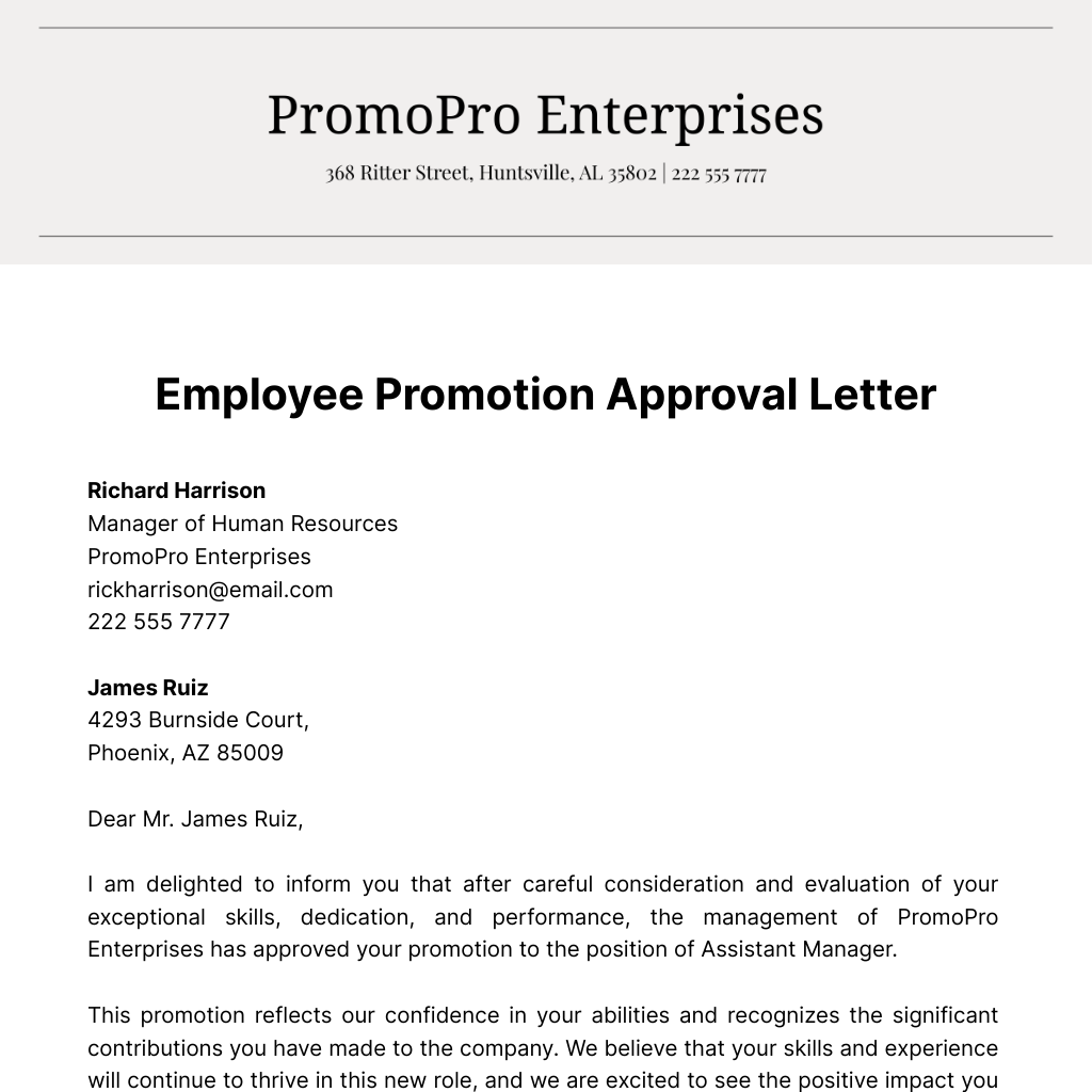 Employee Promotion Approval Letter  Template