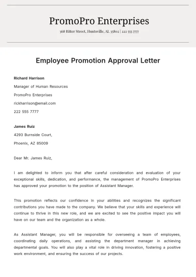 Free Employee Promotion Approval Letter  Template to Edit Online