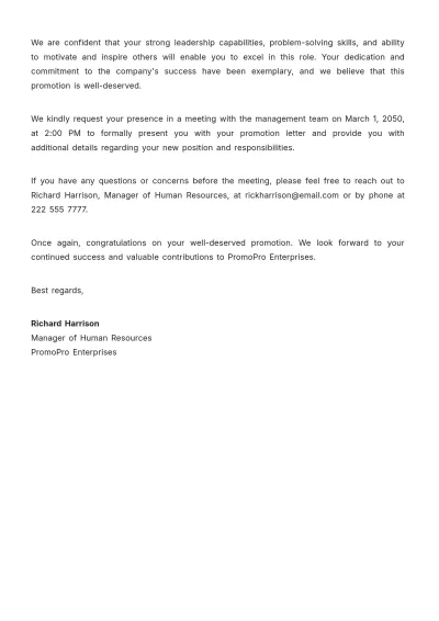 Free Employee Promotion Approval Letter  Template to Edit Online