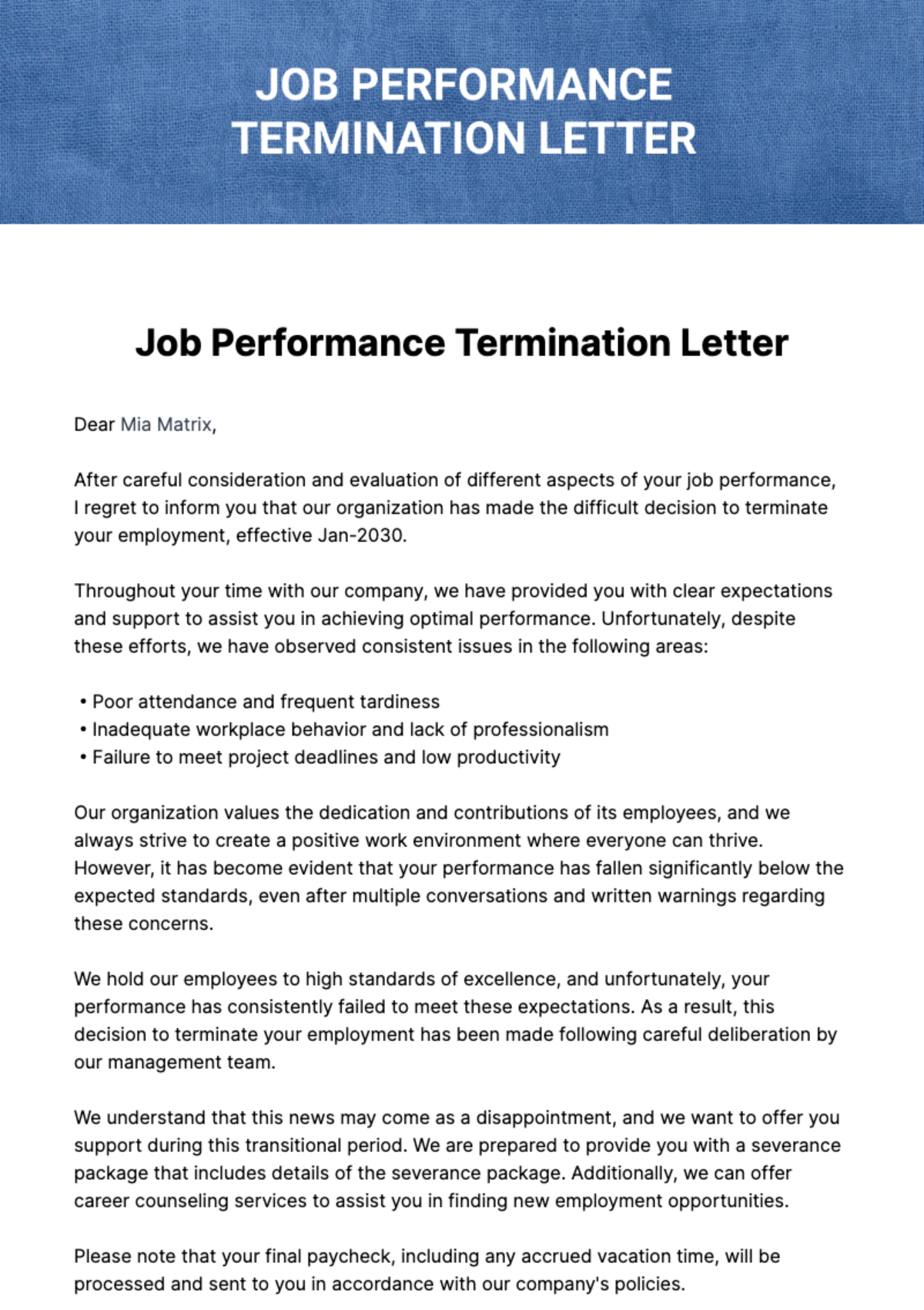 Job Performance Termination Letter Template