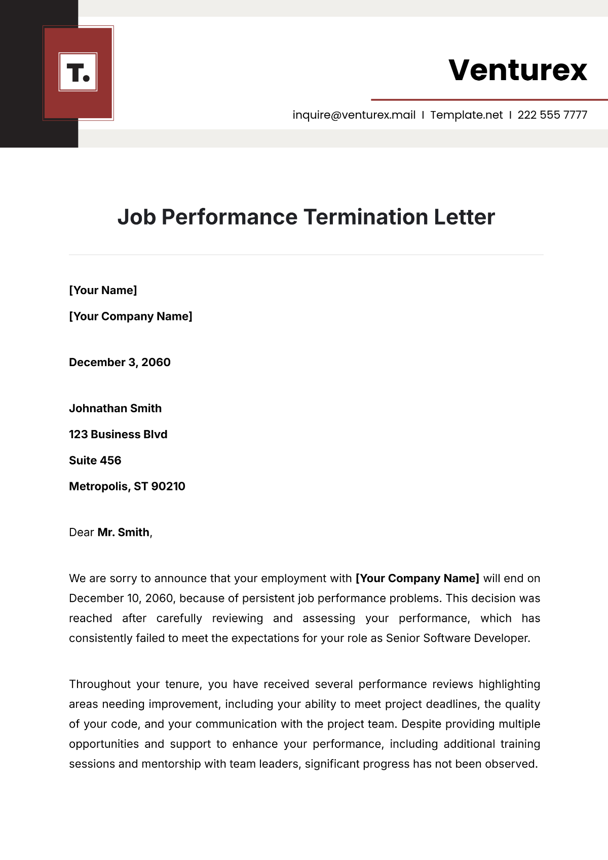 Job Performance Termination Letter Template - Edit Online & Download