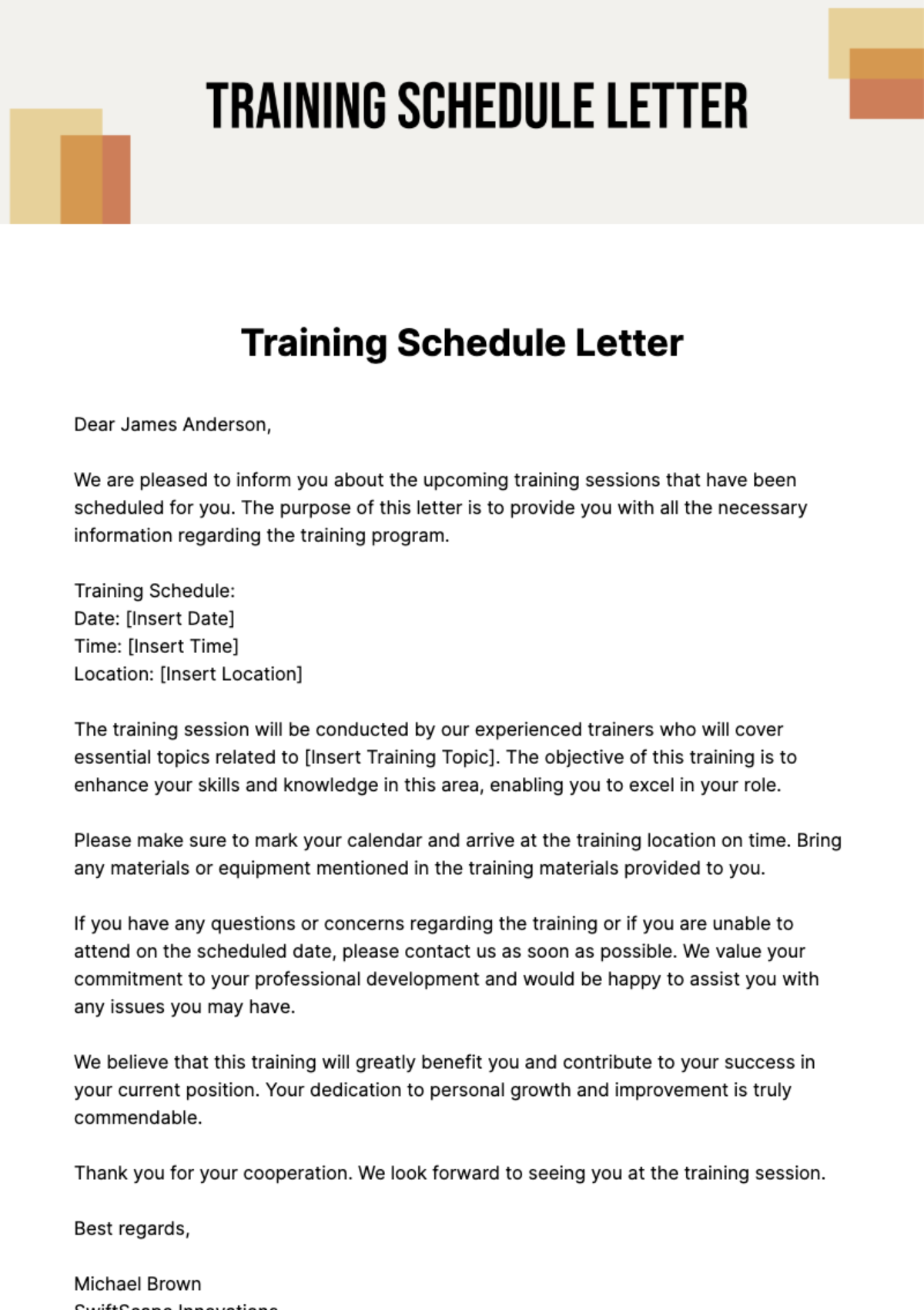 Free Training Schedule Letter Template
