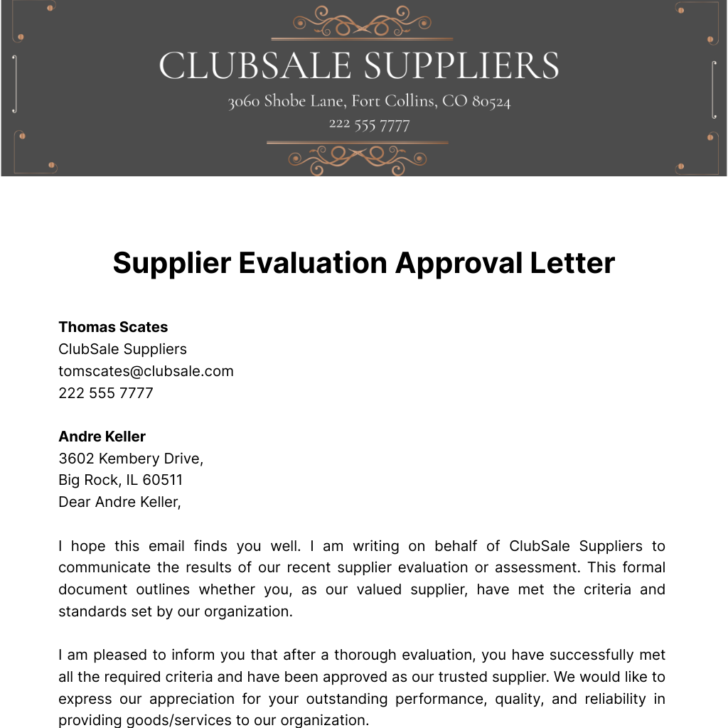 Supplier Evaluation Approval Letter  Template