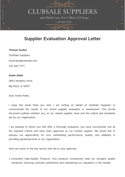 Free Supplier Evaluation Approval Letter  Template to Edit Online