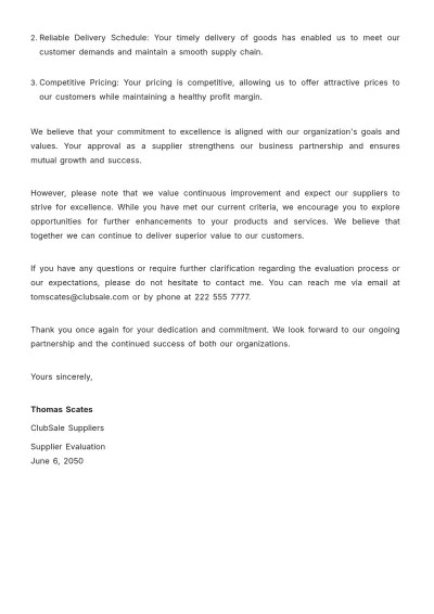Free Supplier Evaluation Approval Letter  Template to Edit Online