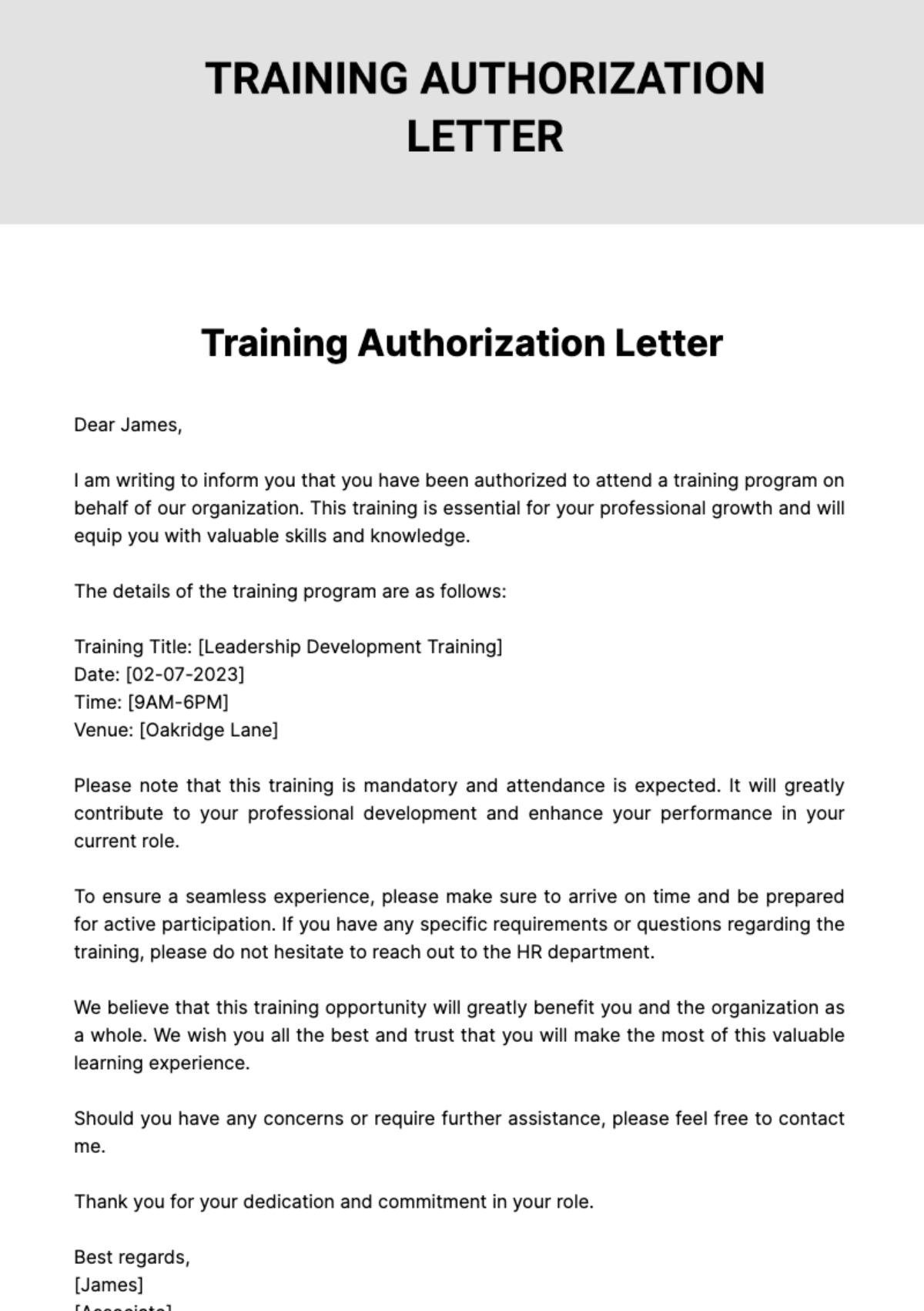 Free Training Authorization Letter Template