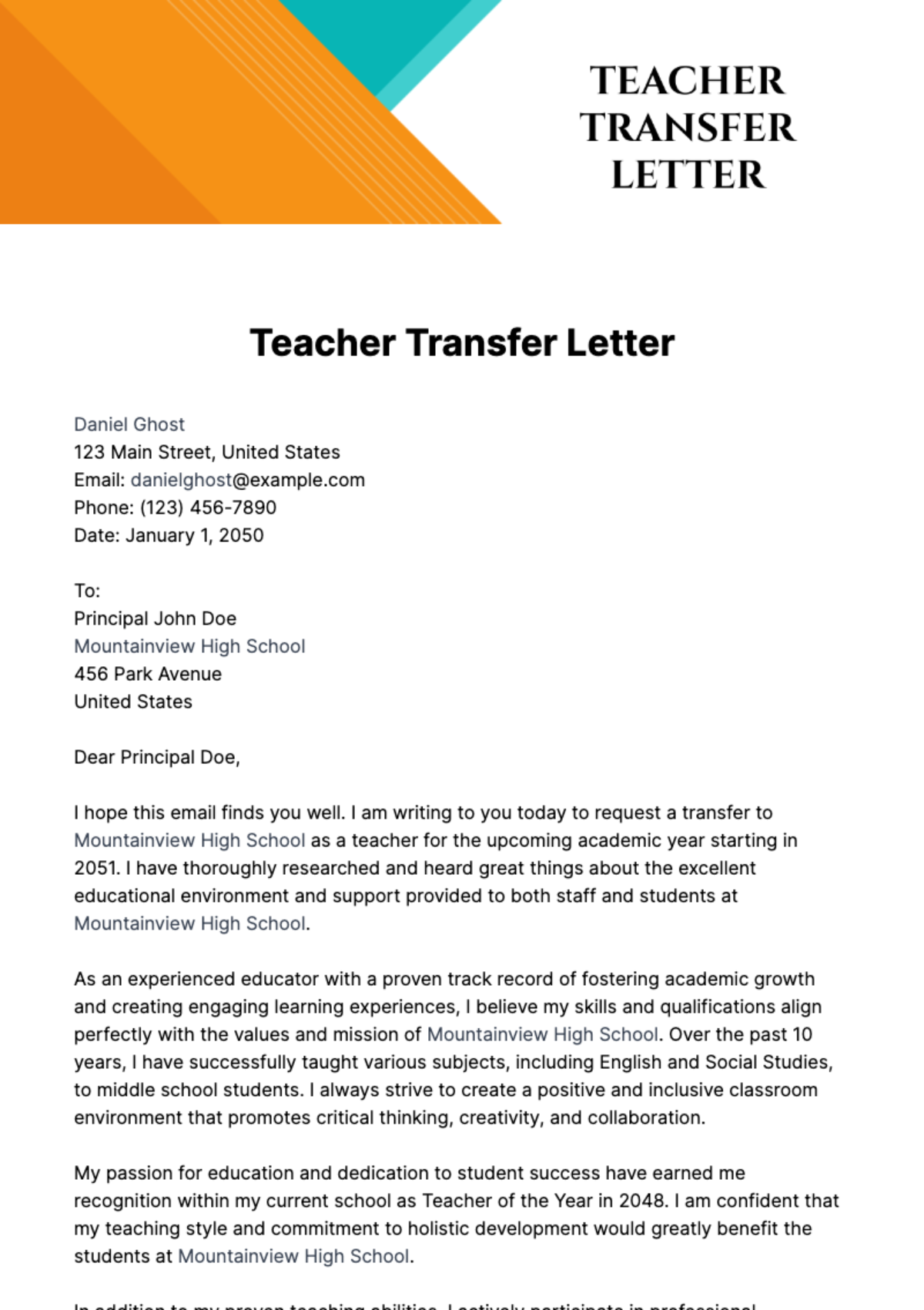 Free Teacher Transfer Letter Template