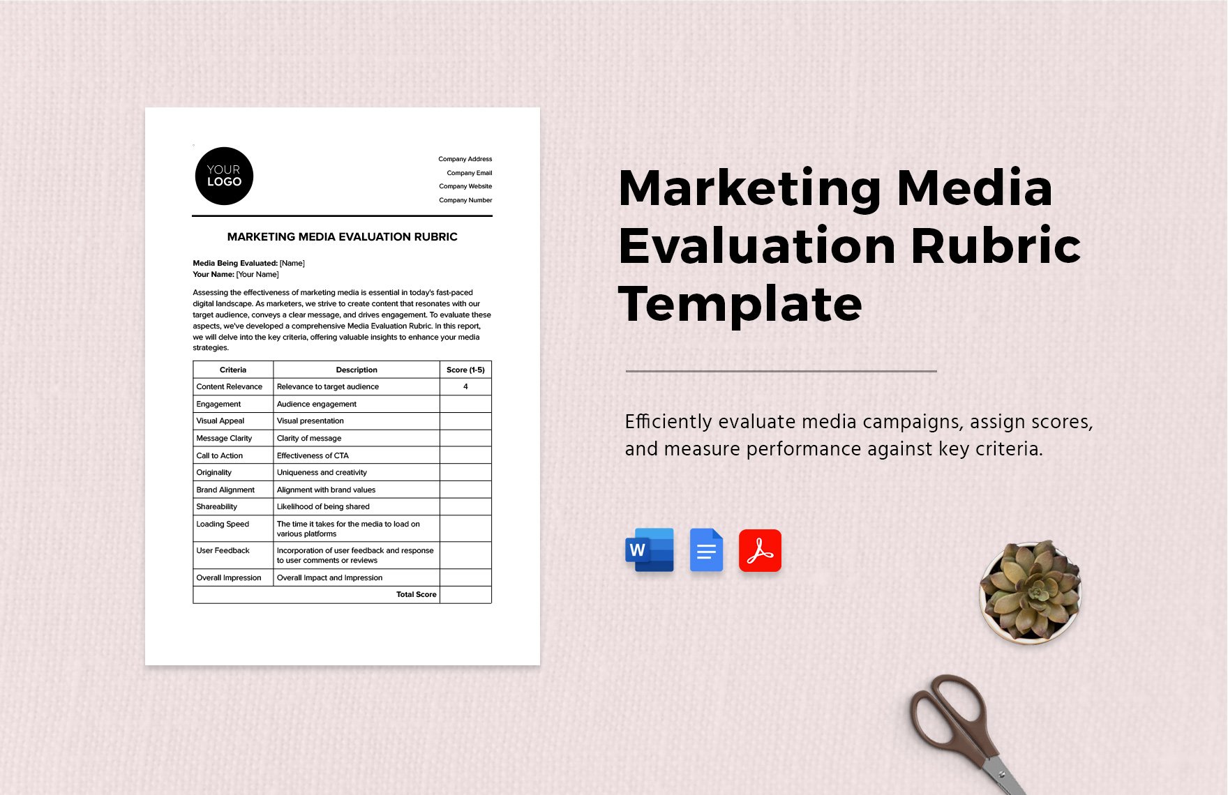 Marketing Media Evaluation Rubric Template in Word, Google Docs, PDF