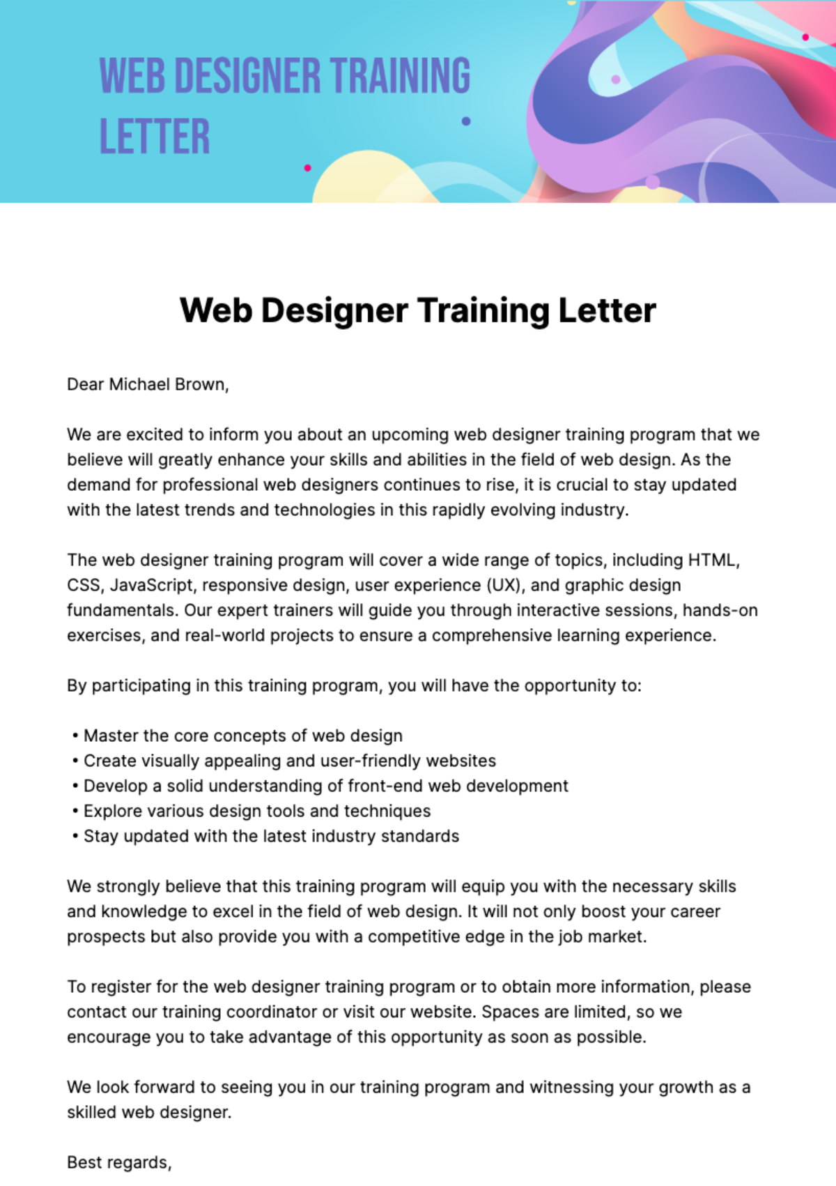 Web Designer Training Letter Template