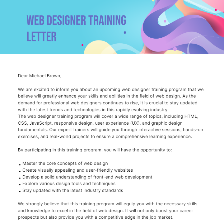 Free Web Designer Training Letter