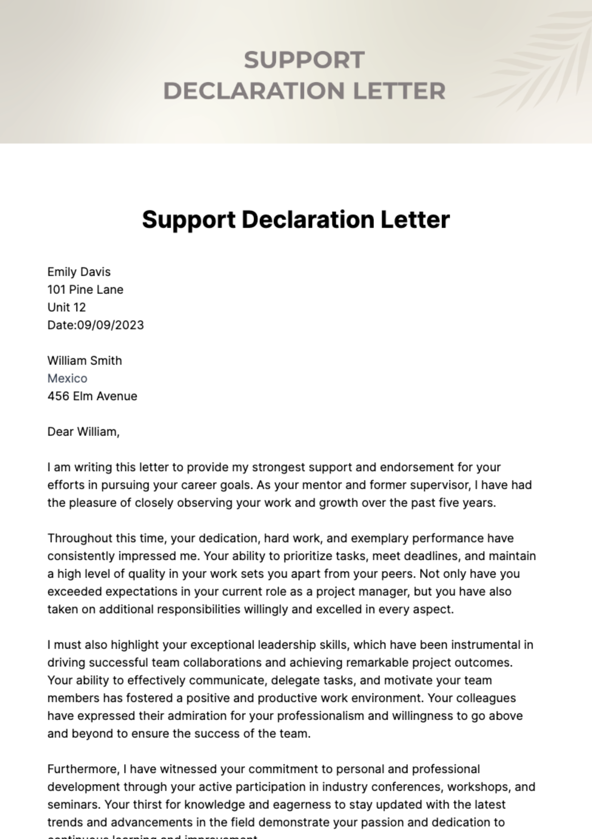 Free Support Declaration Letter Template