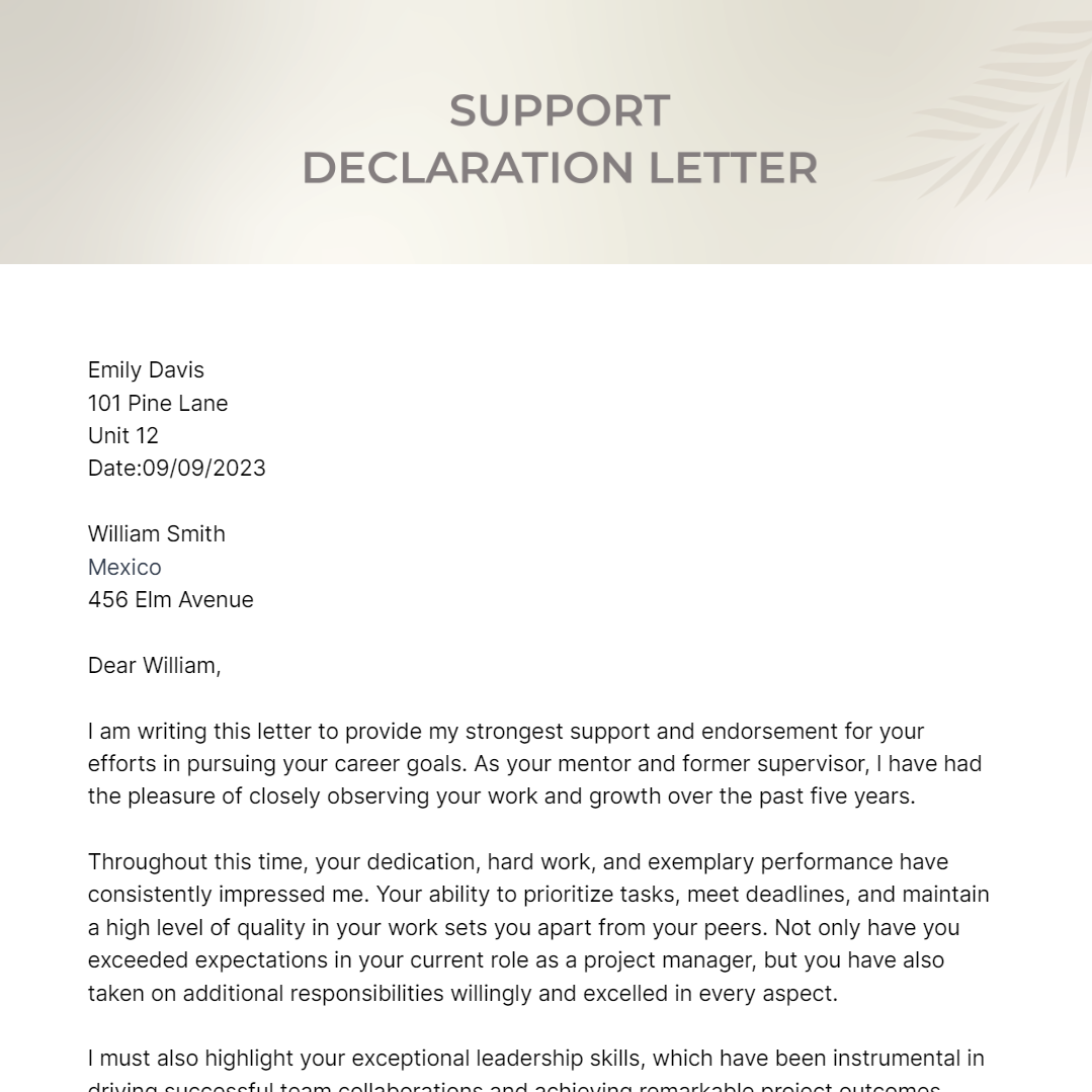 Support Declaration Letter Template