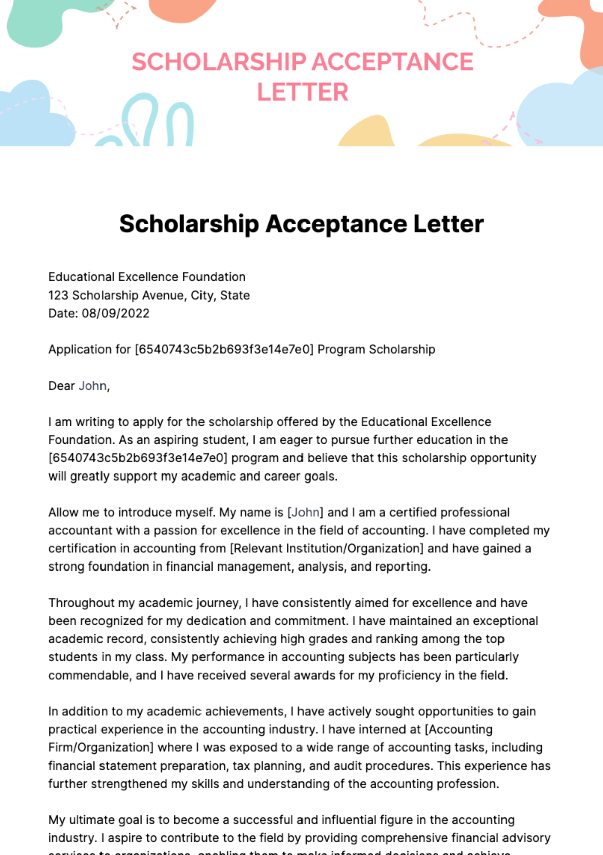 Free Scholarship Acceptance Letter Template
