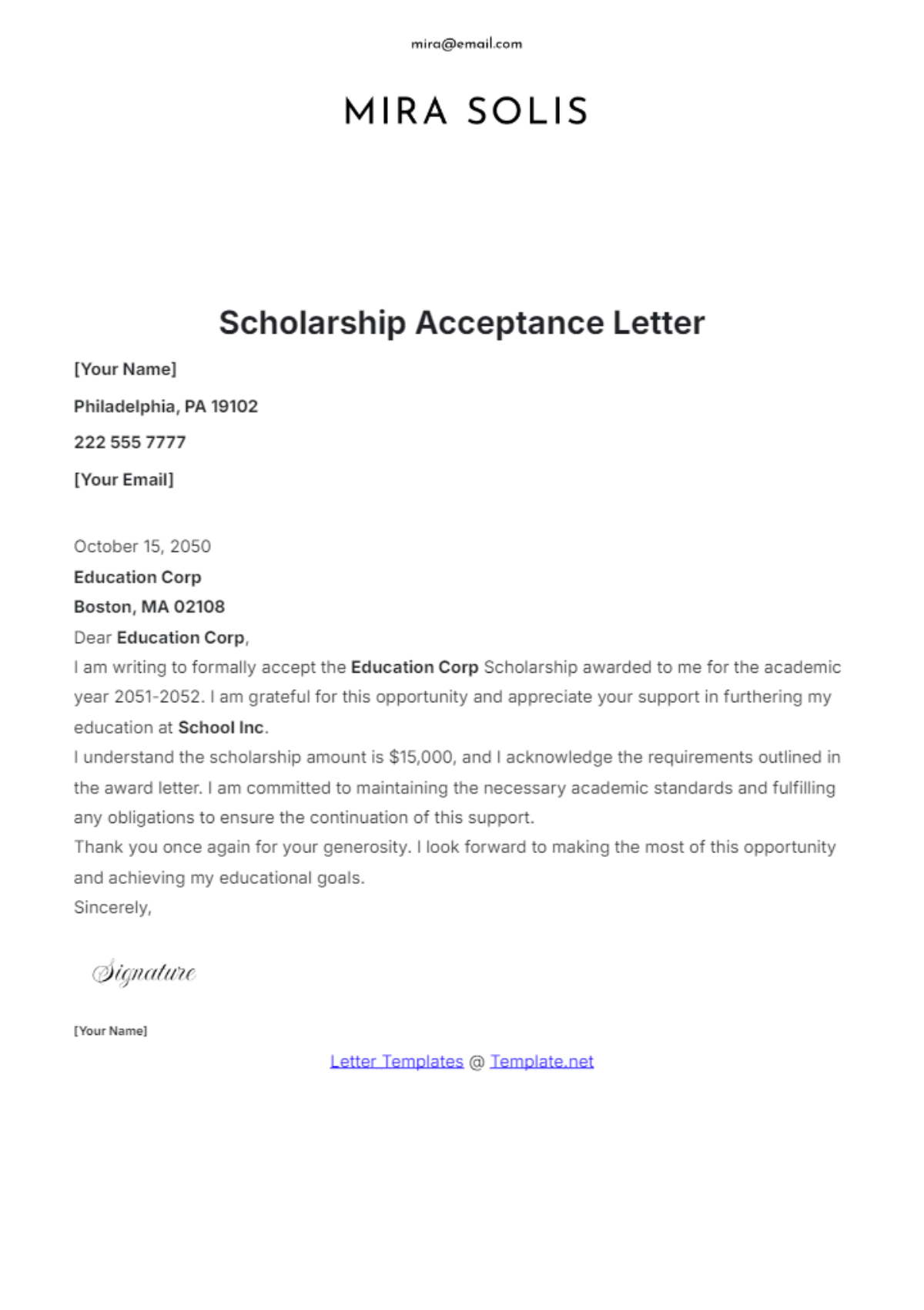 Scholarship Acceptance Letter Template - Edit Online & Download