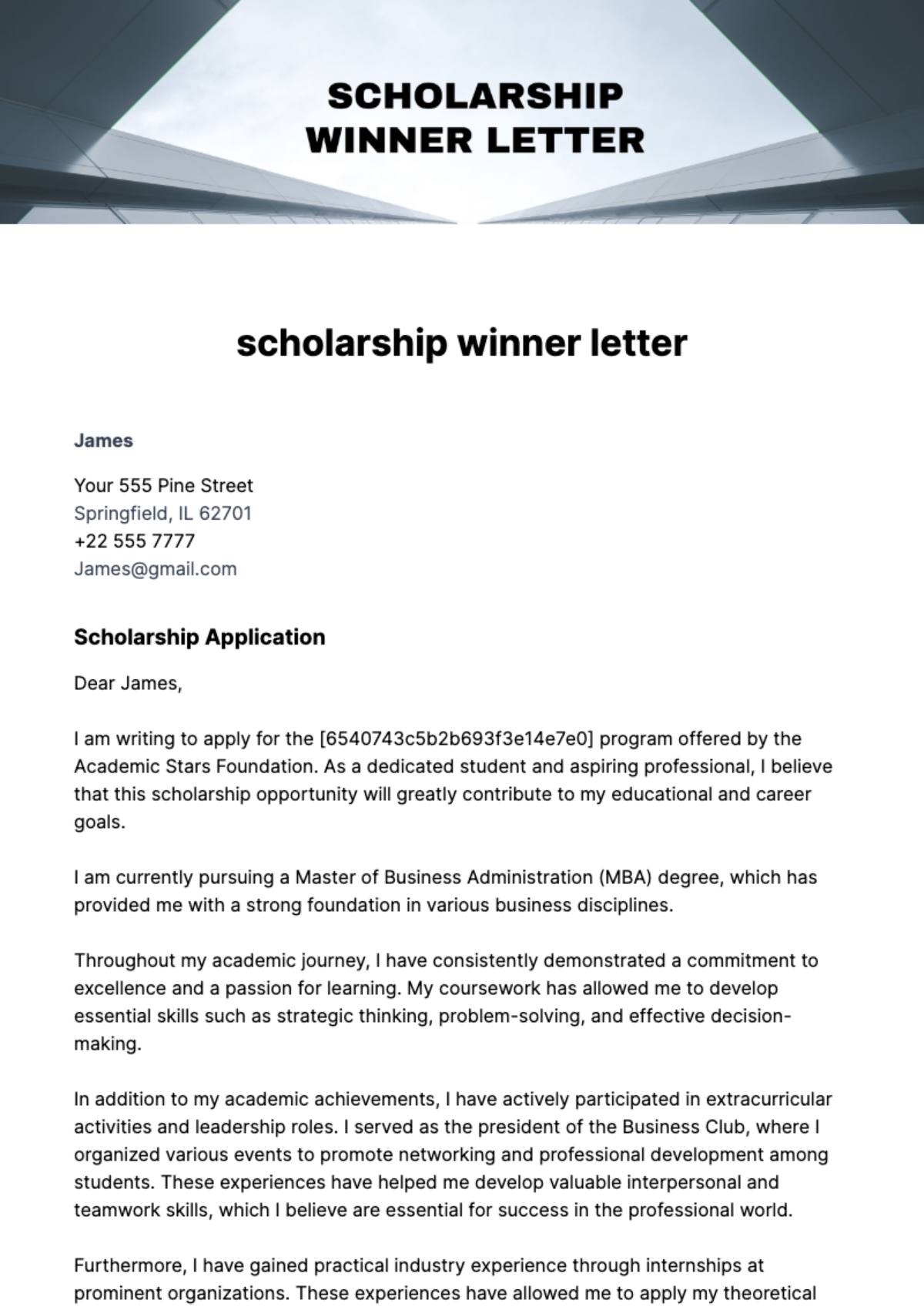Free scholarship winner letter Template