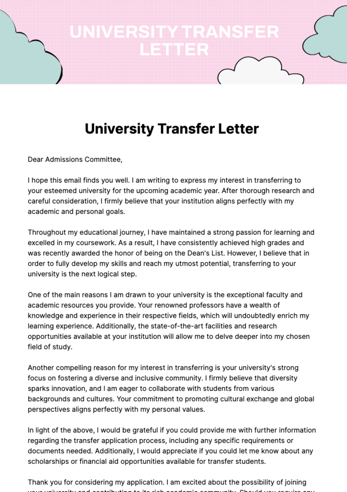 Free University Transfer Letter Template