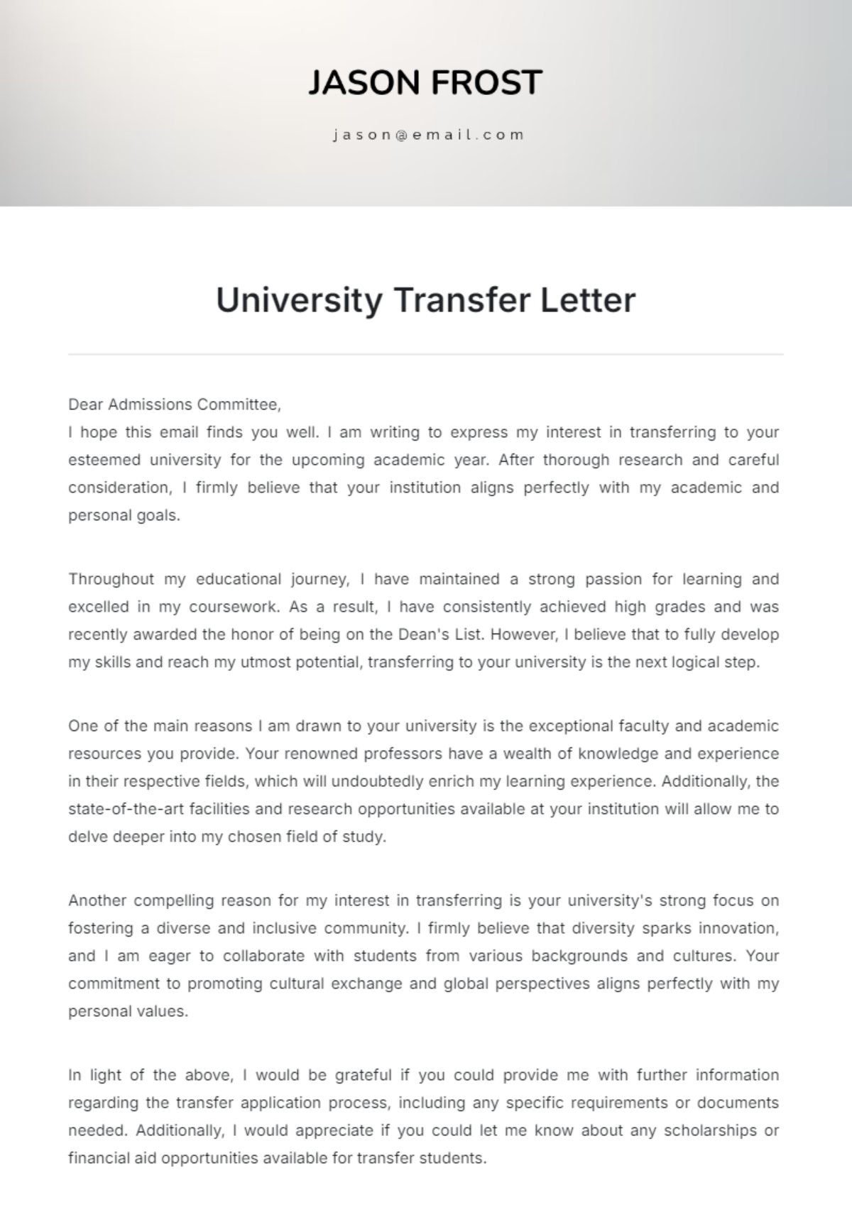 University Transfer Letter Template - Edit Online & Download