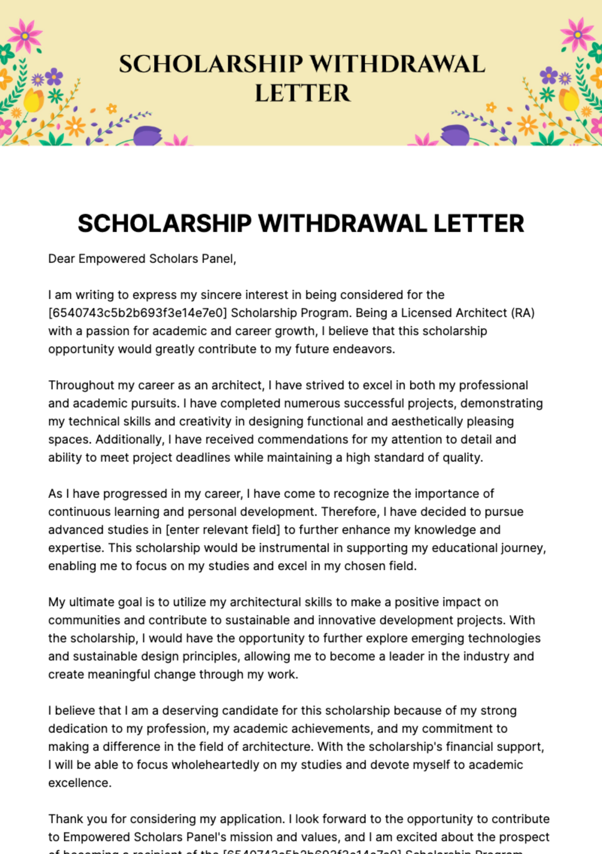 Free Scholarship Withdrawal Letter Template