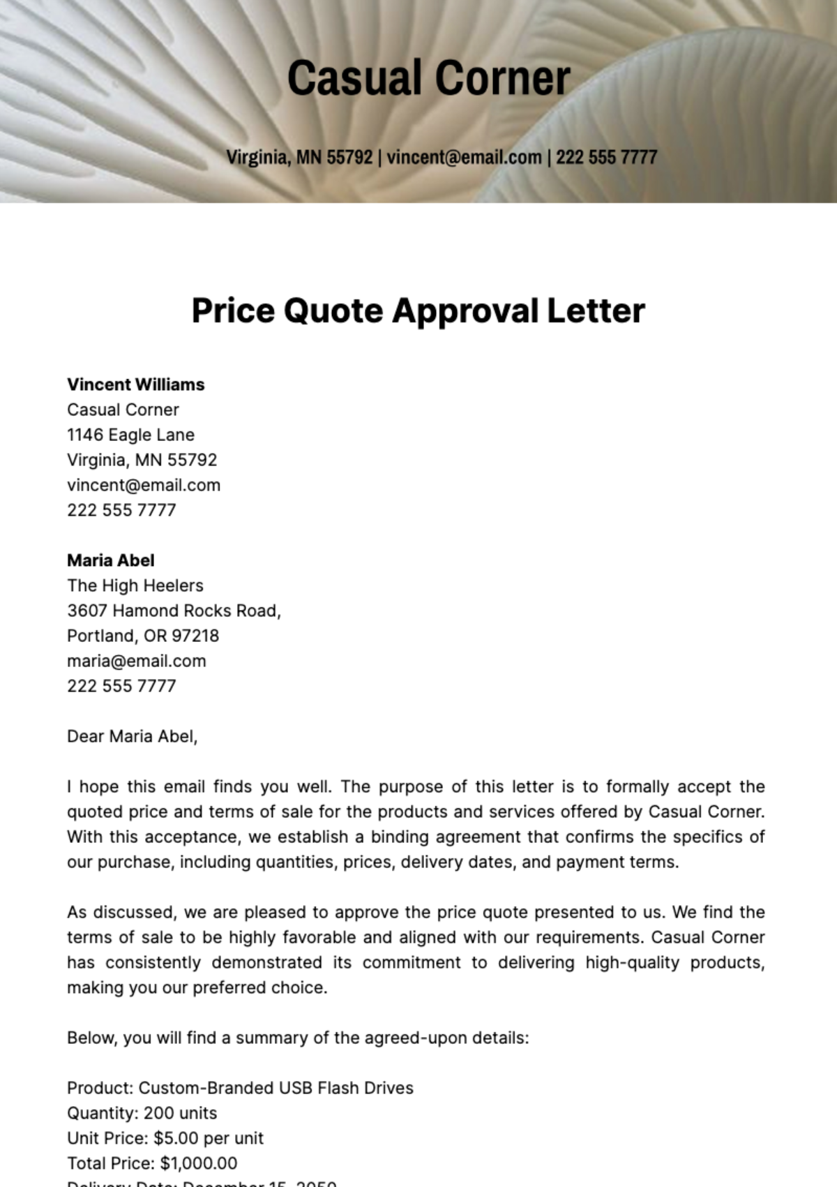 Free Price Quote Approval Letter  Template
